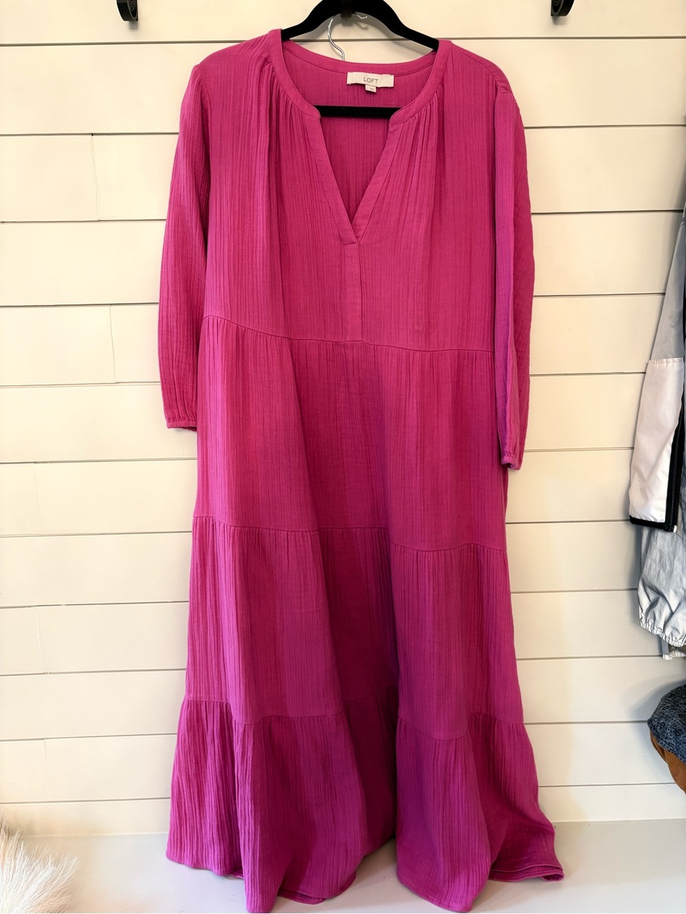 💗LOFT Hot Pink Cotton Gauze Tiered Maxi Dress V-Neck 3/4 Sleeve